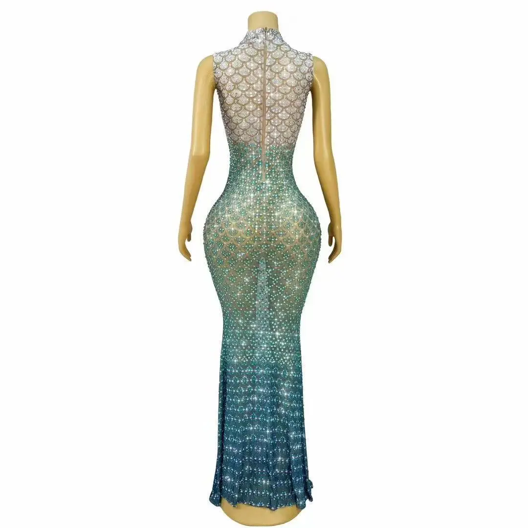 Sparkly Strass Mouwloze Lange Jurk Vrouwen Mesh Transparante Avond Prom Verjaardag Zeemeermin Jurk Fotoshoot Stadium Slijtage
