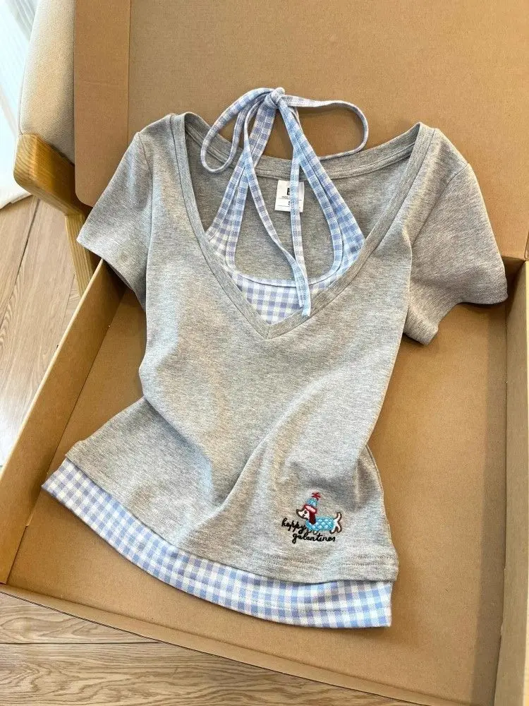 

Облегающая футболка с вышивкой, женская летняя футболка с застежкой на талии, искусственный двухсекционный топ, корейский повседневная одежда