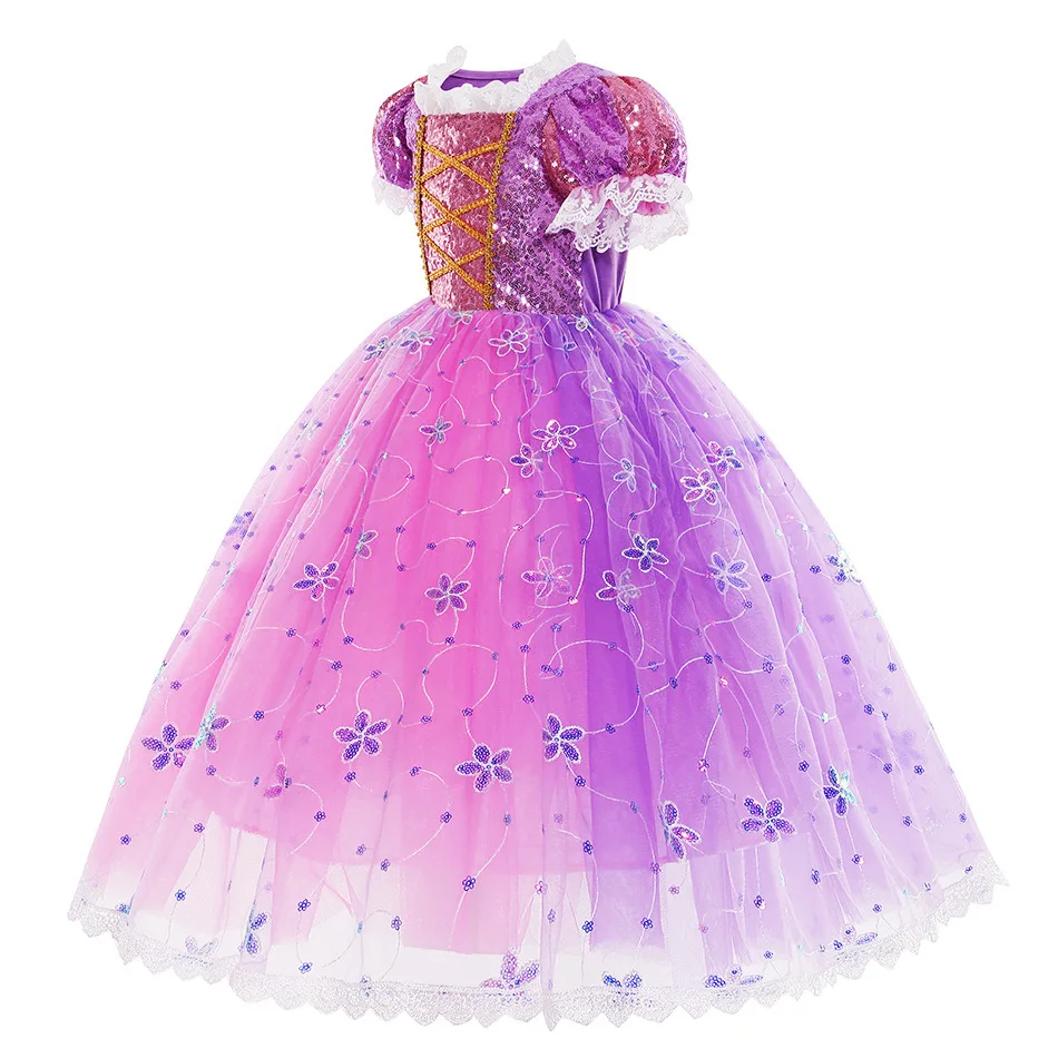 Europe and The United States Rapunzel Dress Gold Big Bow Pommel Dress Lace Dress Purple  Children's Day Halloween Show Dress