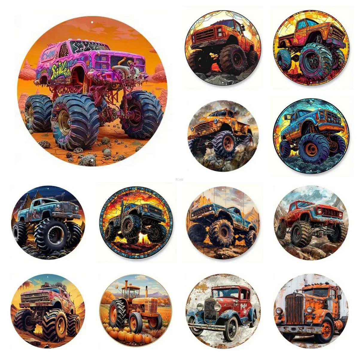 Retro Round Metal Tin Signs 2D Flat Tractor Truck Decor Pattern Nostalgic Iron Painting Novelty For Cafe Bar Man Cave Wall Decor