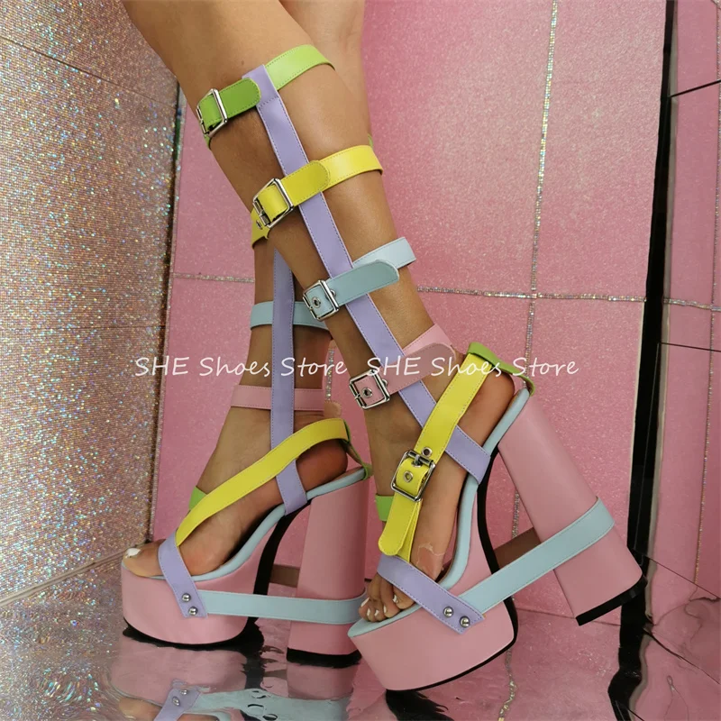

Fashion Y2K Mixed Color Belt Buckle Knee High Women Boots Punk Platform Square High Heel Sandals Ladies Summer Cool Boots