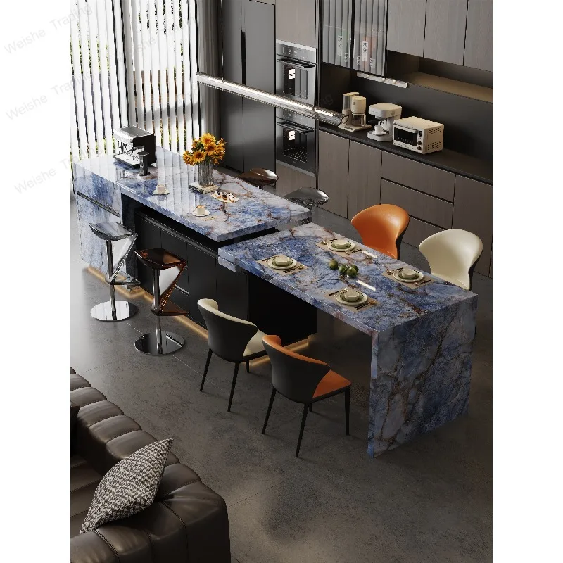 Italian light luxury island dining table integrated household telescopic intelligent lifting new rock slab advanced flush