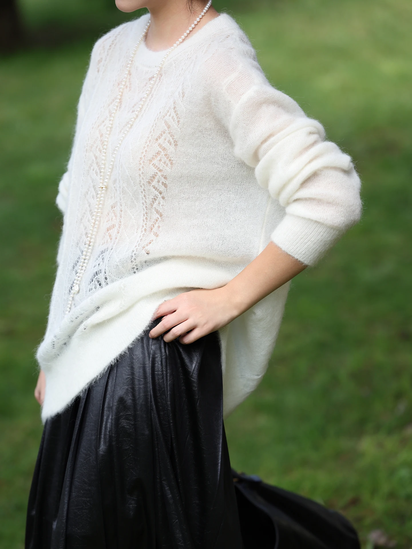 

WeTHEE0 Month Outing Season Lazy Lace Hollow Large Knitted Sweater Mid-Length Camere round Ne Long Sve Women's Faion