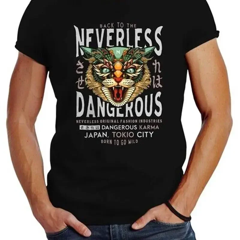 Nie mehr ®   Herren-T-Shirt mit japanischem Design und Aufdruck „Cat Head Dangerous Cat“.