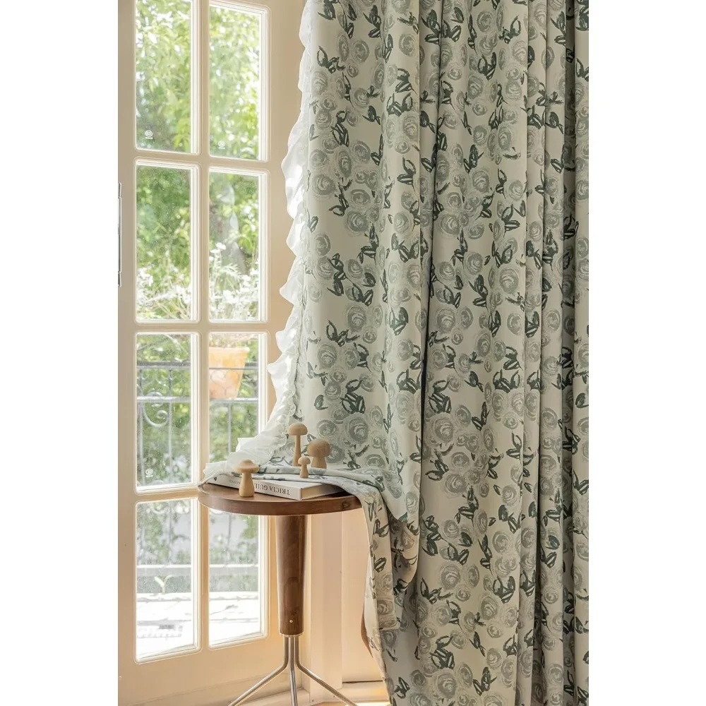 Epinki Curtains Blackout, Chenille Light Green Flower Printed with Ruffle Curtain with Grommets 40 x 96 Inches, 2 Panels