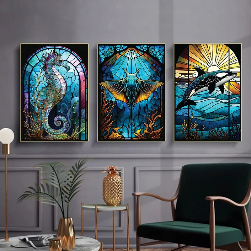 Modern Stained Glass Marine Animals Posters Canvas Paintings And Prints HD Pcitures For Living Room Home Decor Frameless Gifts