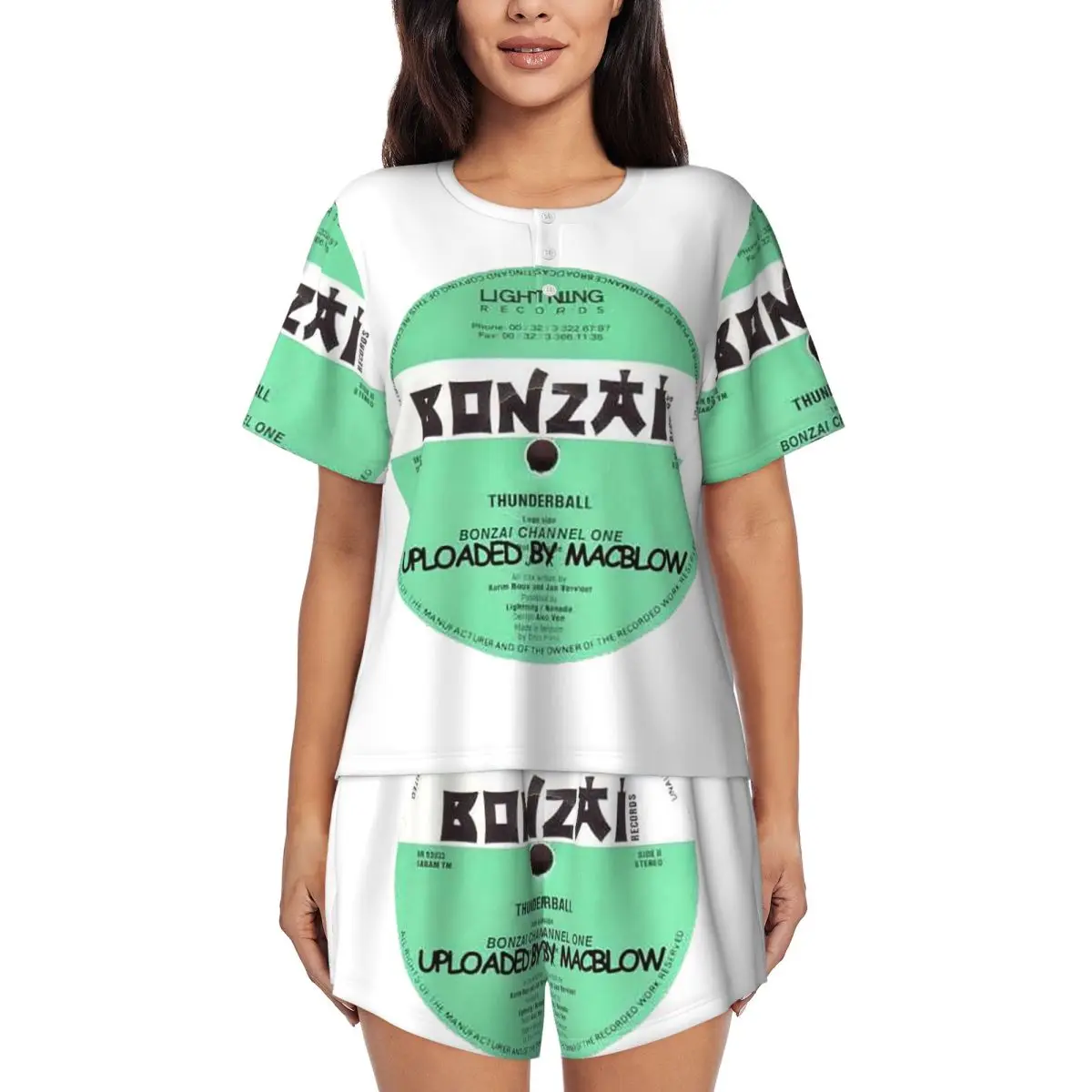 

Ночные рубашки Bonzai Records с круглым вырезом и короткими рукавами для сна, женский свободный пижамный комплект с короткими штанами