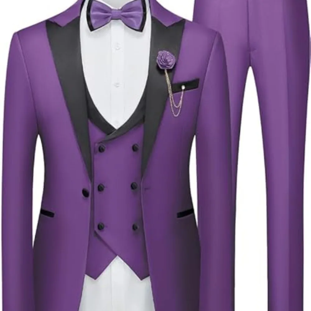 

Men's 3-Piece Slim Fit Suit Set Tuxedo One-Button Blazer Vest Elastic Waist Pants Party Outfit (without accessories)