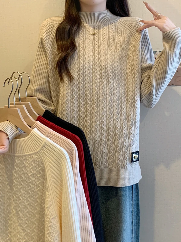 

plus Size Women's Sweater Spring 2026 New Style Half High Collar Long Sleeve Loose Slimming Belly Covering Trendy Knitted Top