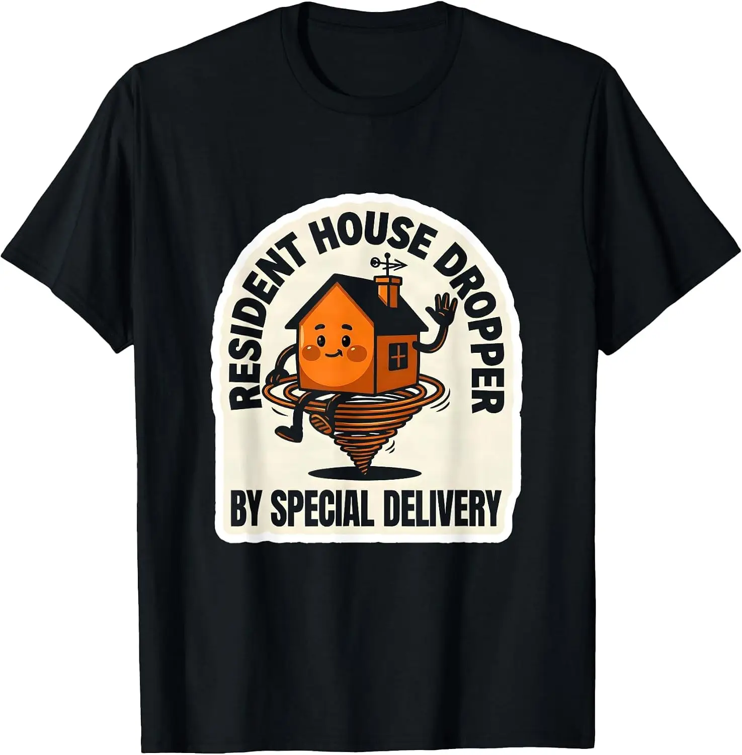 Resident House Dropper By Special Delivery Funny T-Shirt Men's Spooky Halloween Graphic Print T‑Shirt, Crew Neck Short Sleeve Casual Cotton Tee For Holiday Party Daily Street Wear.