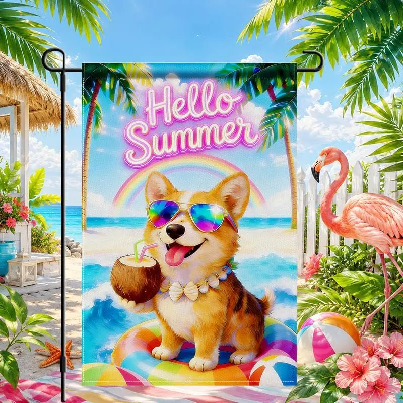 Summer Garden Flag 12x18 Inch Double Sided Burlap Hello Summer Corgi Sunglasses Coconut Beach Design Small Outdoor Yard Flag PPZ