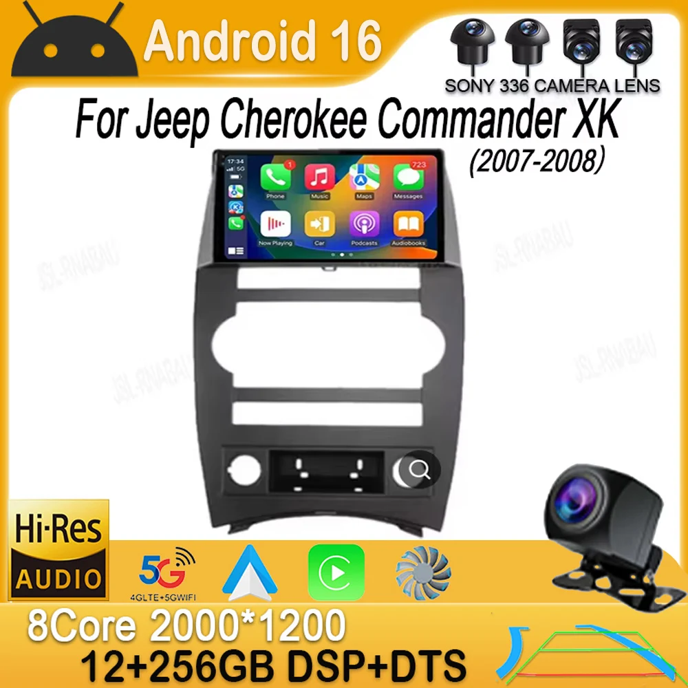 Radio para Auto con Android 16 y CarPlay para Jeep Cherokee Commander XK 2007 2008, Reproductor Multimedia GPS, Autoradio, Navegación, Estéreo, DSP