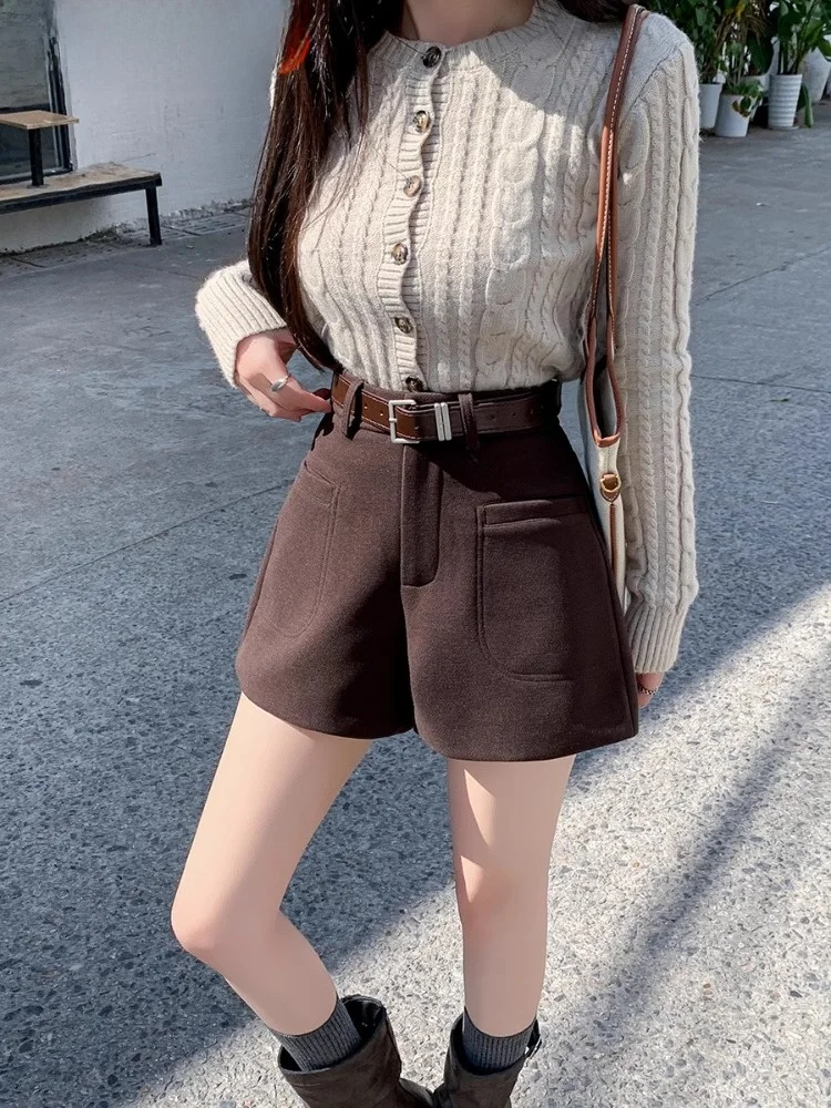 

Khaki Woolen Short Pants Spring Women's A-Line Large Size High Waist Wide Leg Versatile Outerwear Five-Quarter Pants Slimming...