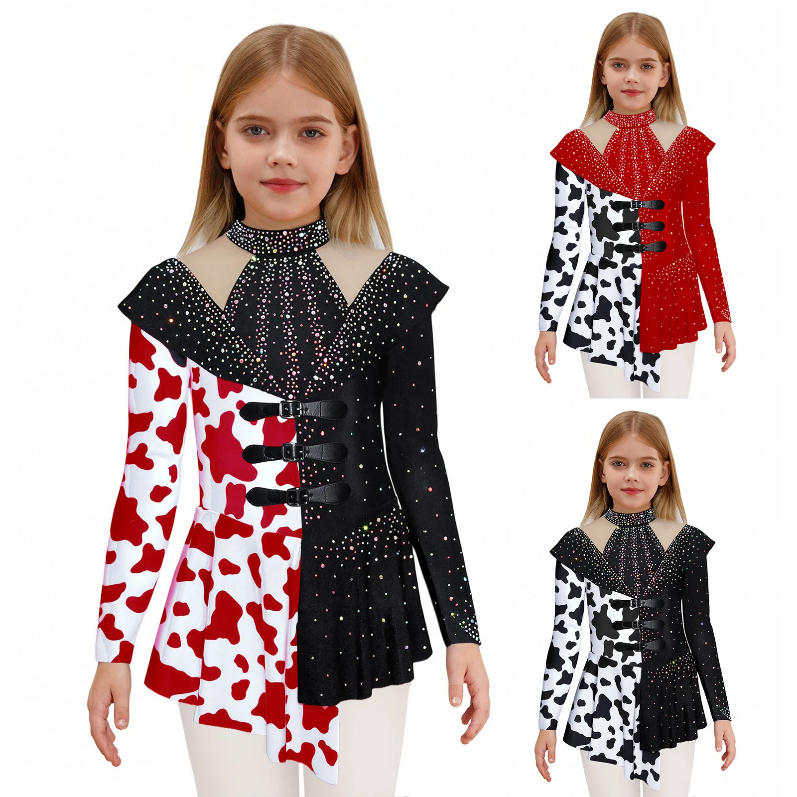 فستان بناتي للتزلج على الجليد والجمباز وأداء الرقص بأكمام طويلة وطبعة بقرة من حجر الراين لحفلات الهالوين