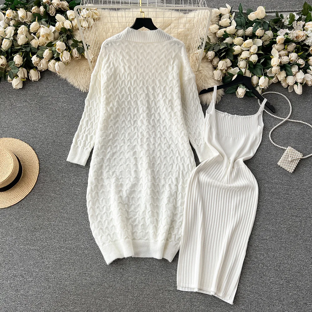 Croysier Autumn Winter Women White Knit Two Piece Set Twist Long Cardigan Sweater And Bodycon Midi Dress New In Matching Sets