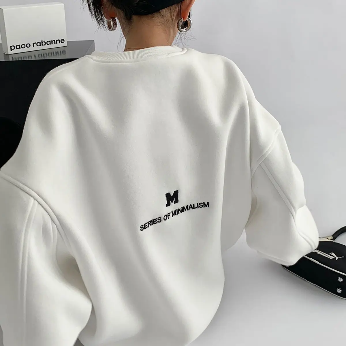Imitation Embroidery Printed Composite Round Neck Hoodie for Women New Loose and Versatile Trendy Brand Top for Couples Unisex