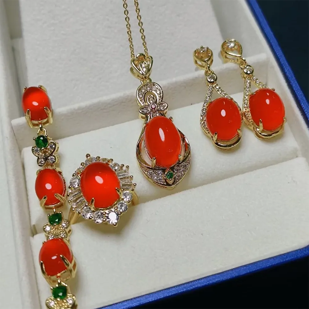 

Women Red Jade Jewelry Natural Jade Stone Bracelet Ring Earrings Necklac Sets