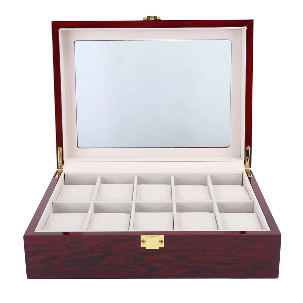 

Пыленепроницаемая деревянная шкатулка для часов на 10 отделений, глянцевая, красная, класса люкс, для демонстрации украшений, для дома