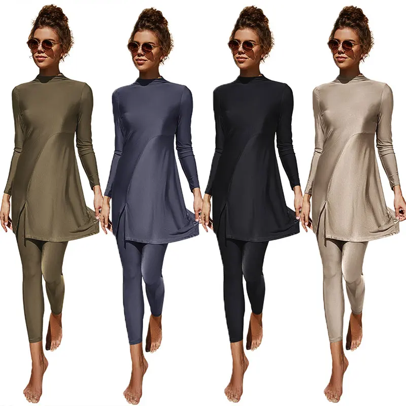 2pcs/set Solid Color Islamic Muslim Swimsuit Burkini for Women Ladies Swimming Set