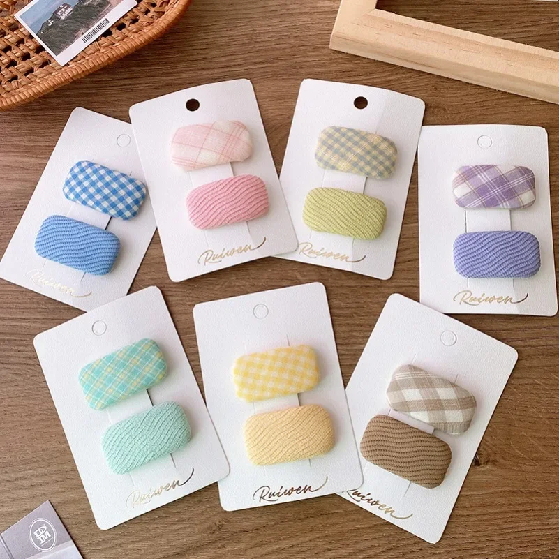 

2Pcs Macaron Color Girls Sweet Hair Clips Fabric Plaid Cotton Hairpins for Baby Hair Square Shape Women Bangs Barrettes Headwear