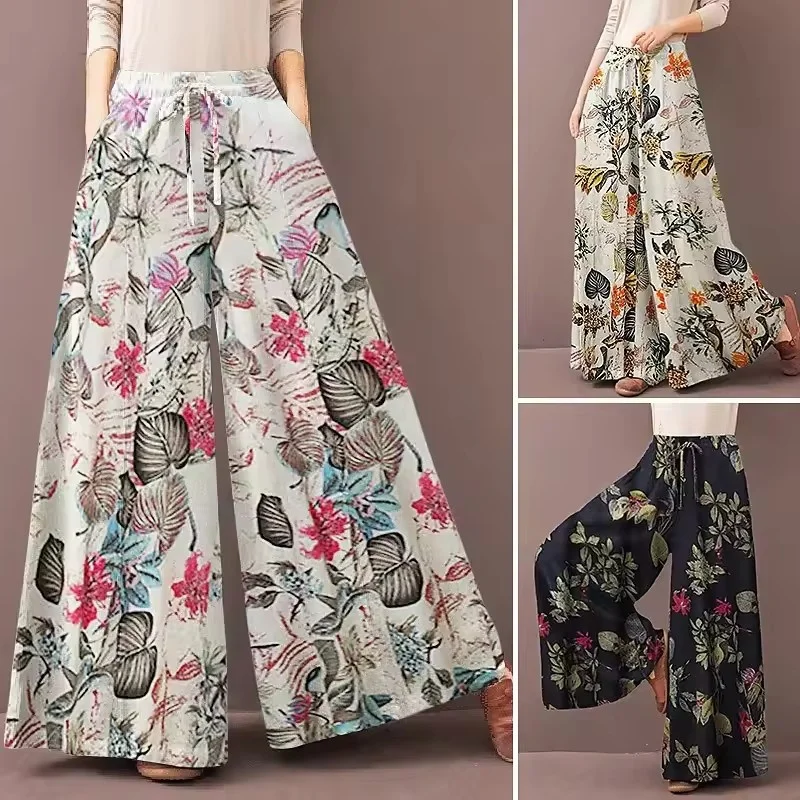 2025 frühling Sommer Floral Print Breite Bein Hosen Frauen Kordelzug Böhmen Hosen Asual Lose Beiläufige Elastische Taille Pantalon Damen
