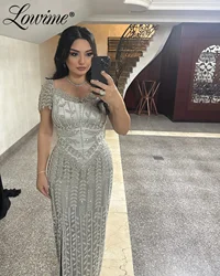 Elegant Heavy Beads Silver Evening Dress Arabic Aso Ebi Prom Dress Customized Party Second Reception Birthday Engagement Gowns