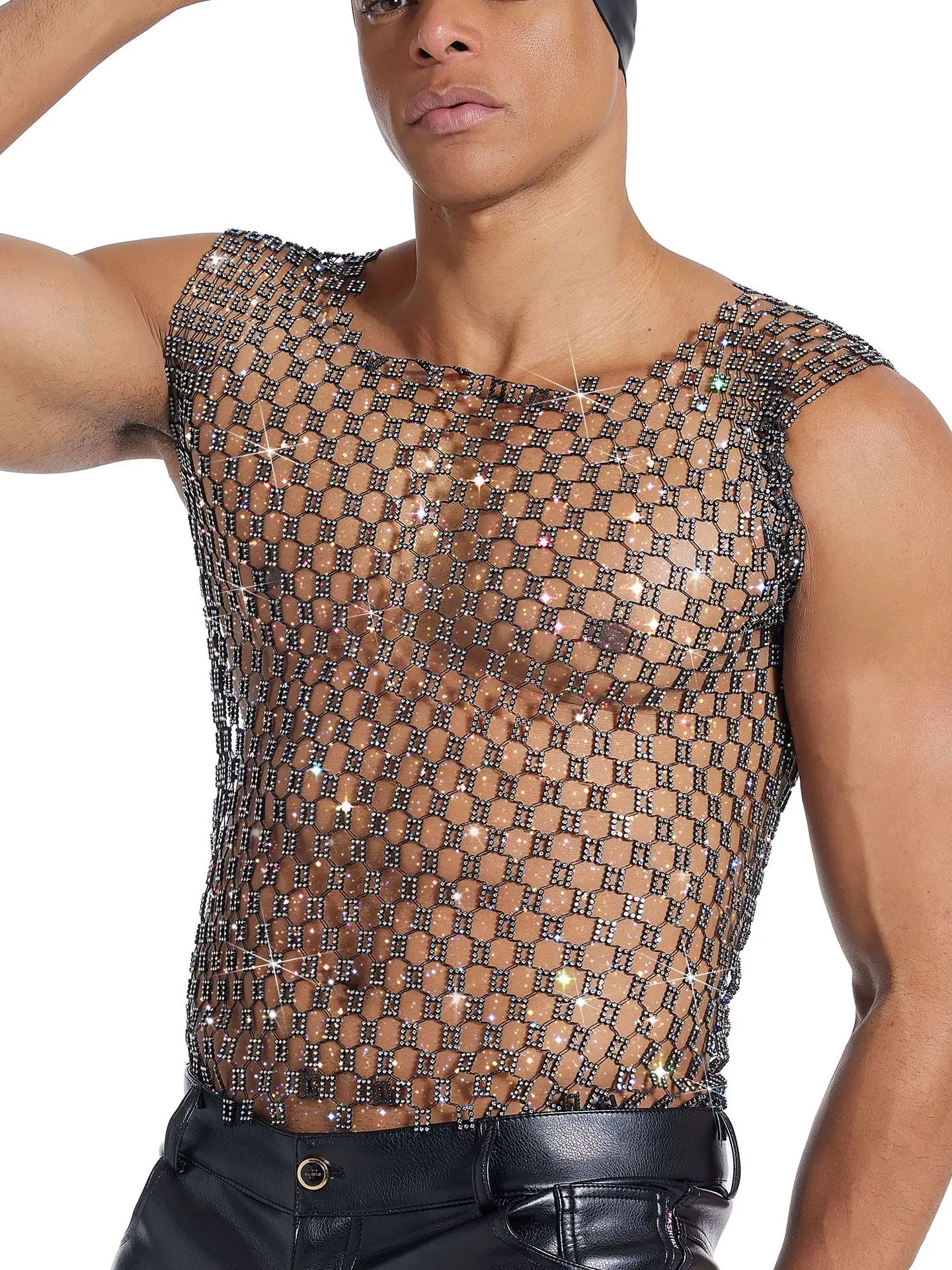 Men's Rhinestone Mesh Tank Tops European and American Party Stage Nightclub Sexy Male Perspective Sparkling Hollow Out Vest