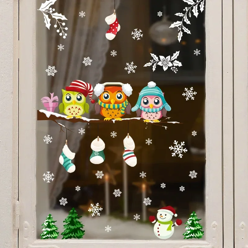 Electrostatic Glass Stickers Christmas Tree Branch Owl Snowflake Living Room Bedroom Window Decoration Wall Stickers