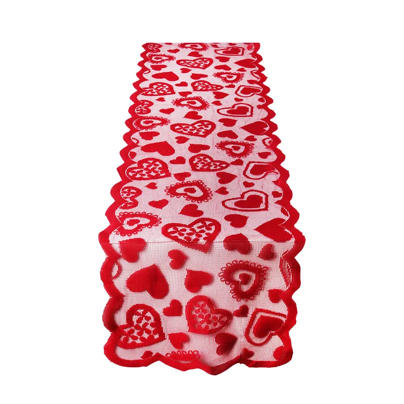 Valentine\'s Day Decoration Table Runner Romantic Lace Red Heart Love Table Cover Valentine Wedding Anniversary Party home decor