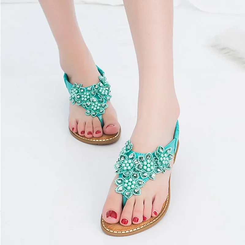 YAERNI Women Sandals New Fashion Bead Flower Round Toe Flip-flop Sandals Female Trend Summer Shoes Woman Plus Size 36-42