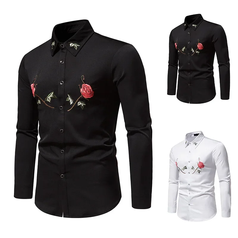 

2023 New Autumn Men's Rose Embroidered Shirts Trend Fashion Casual Long Sleeve Shirts Men's Trendy Large Shirts