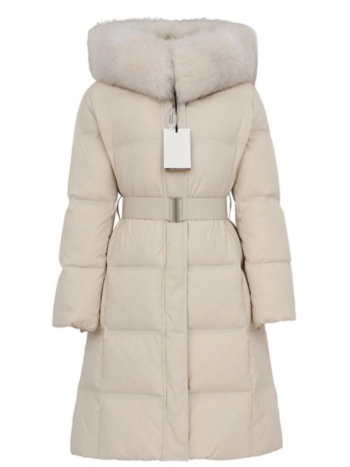 Cappotto da donna di media lunghezza bianco Du down Jaet inverno 2024 collo di pelliccia slim fit con cintura cappotto con cappuccio coreano Sle Commute Faion