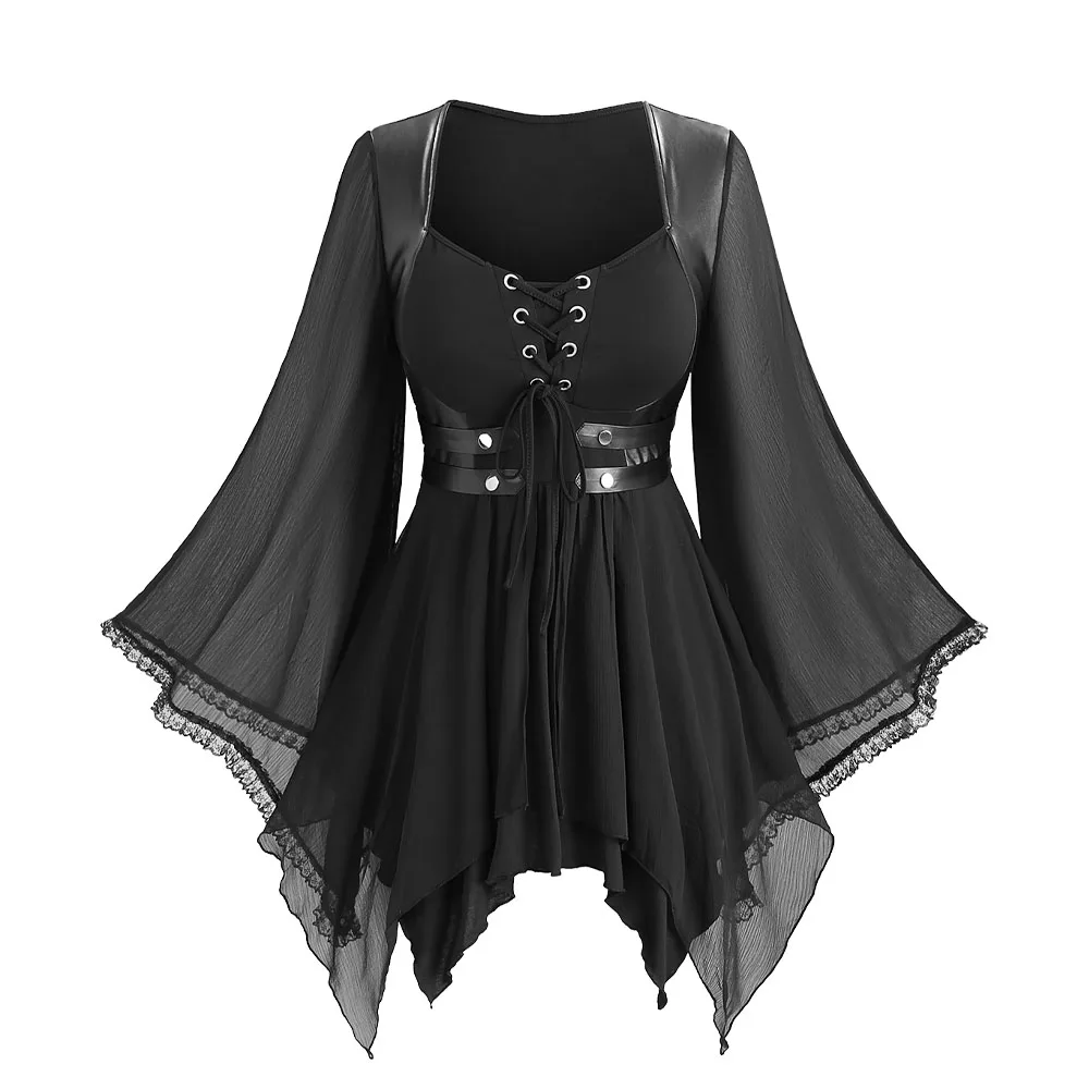 

ROSEGAL Plus Size Gothic Women's Blouses Autumn New Lace-up PU Leather Patchwork Lace Trim Asymmetrical Flare Sleeve Tops Black