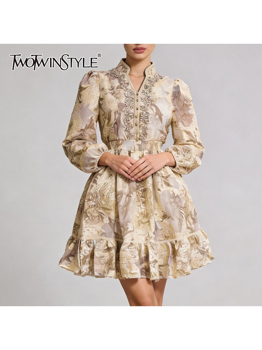 Vestido Vintage com Estampa de Flores 3D e Detalhes Transparentes TWOTWINSTYLE para Mulheres, Gola Alta, Mangas Longas, Vestidos de Moda Feminina Novos