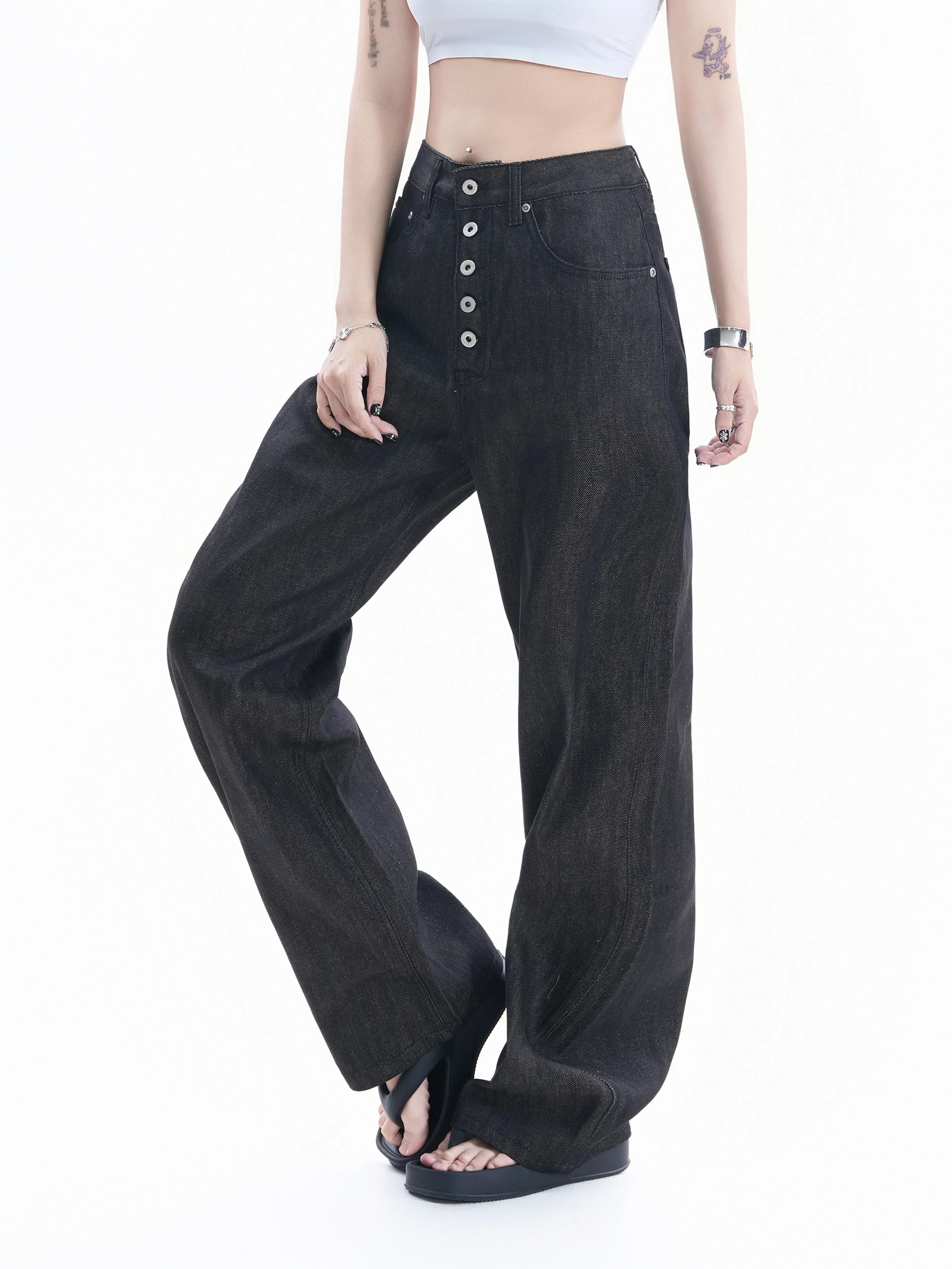 Loose Fit Button up Denim Jeans Women's Casual Wide Leg Pants Versatile Lazy Style American Hot Girl Retro BF Spring Cotton