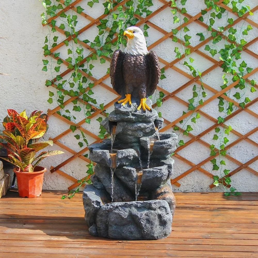 

Bald Eagle Statue Outdoor Fountain Tiered Cascading Rock Water Fountain Outdoor Garden Waterfall Decor for Garden Patio Back