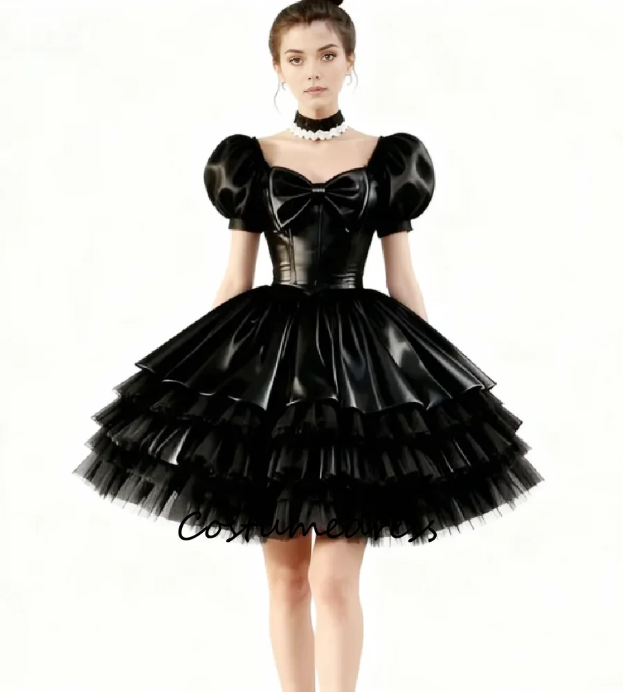 

Puffy Black Gothic Short Evening Dress Tiered Pvc Prom Dress 2026 Corset Halloween Cosplay Party Gown 2026 Club Birthday Cocktai
