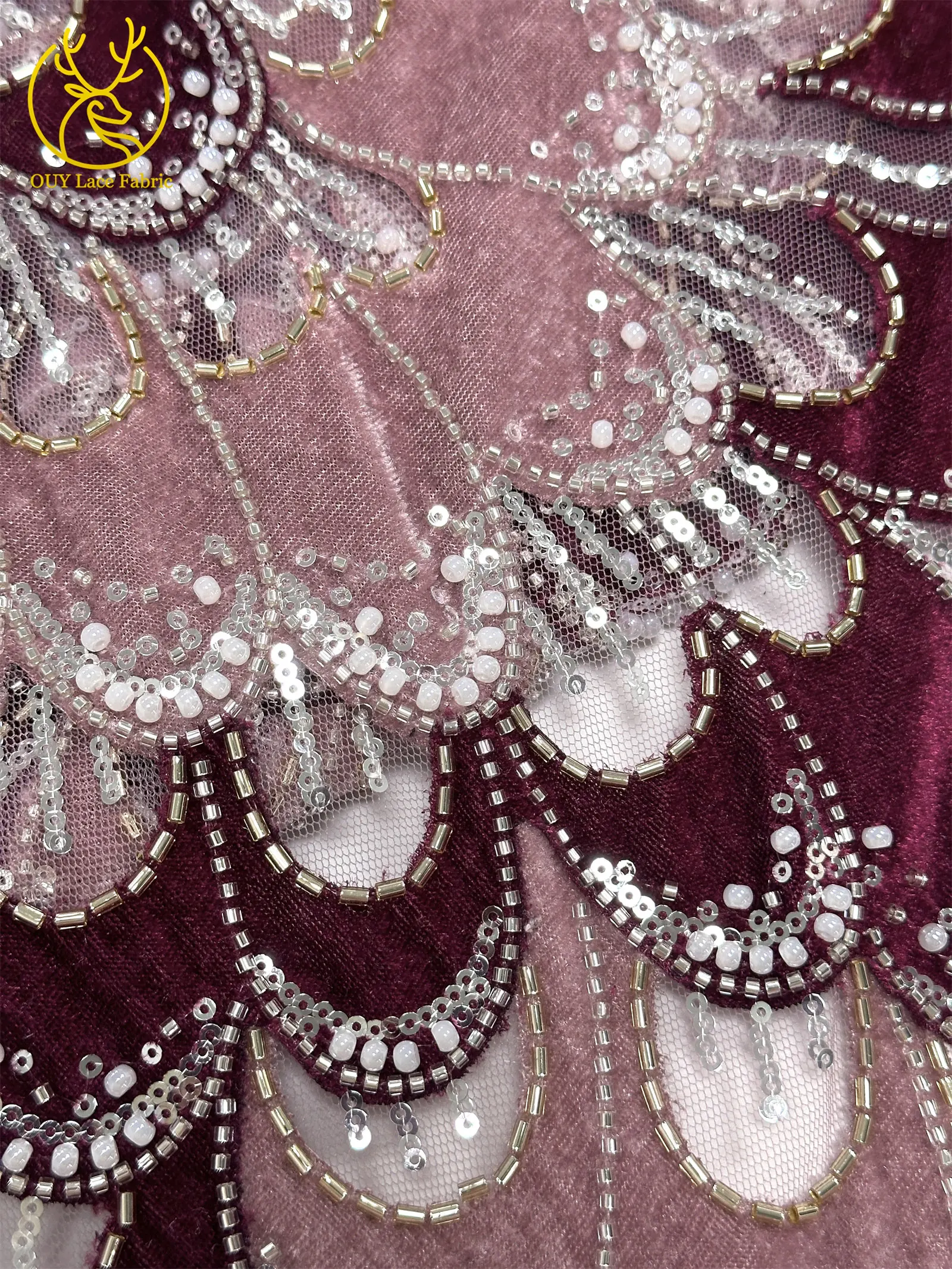 Marineblauer nigerianischer DIY handgefertigter bestickter Samtstoff mit Perlen und Pailletten, afrikanischer Spitzenstoff für Abend- und Hochzeitskleider – Detail 14
