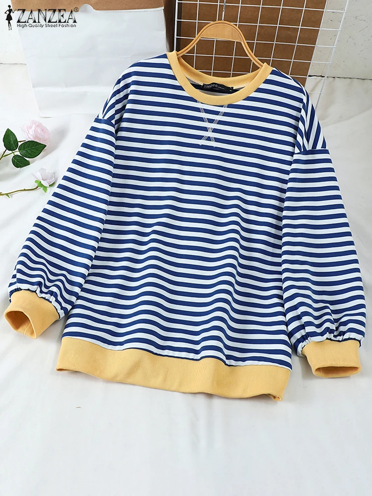 ZANZEA Streetwear Women Hoodies Striped Long Sleeve Autumn 2024 Korean Pullovers O Neck Color Block Loose Casual Sweatshirts