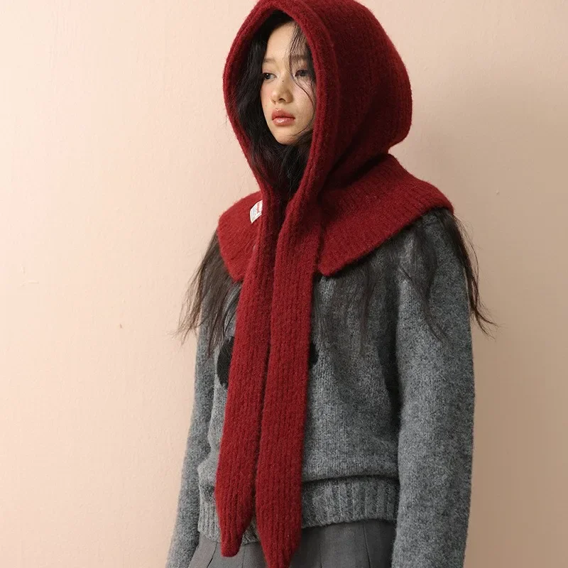 2027 Korean Knitted Balaclava Hat Women's Winter Warm Scarf Integrated Hooded Scarf Knitted Wool Beanie Cap