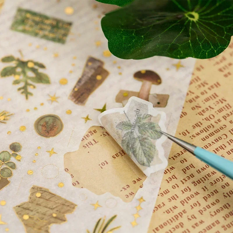 8Sheet Decorative Supplies Gold Butterfly Tree Stickers Scrapbooking Plant Mushroom Fresh illustration Material  Bronzing 21*8CM