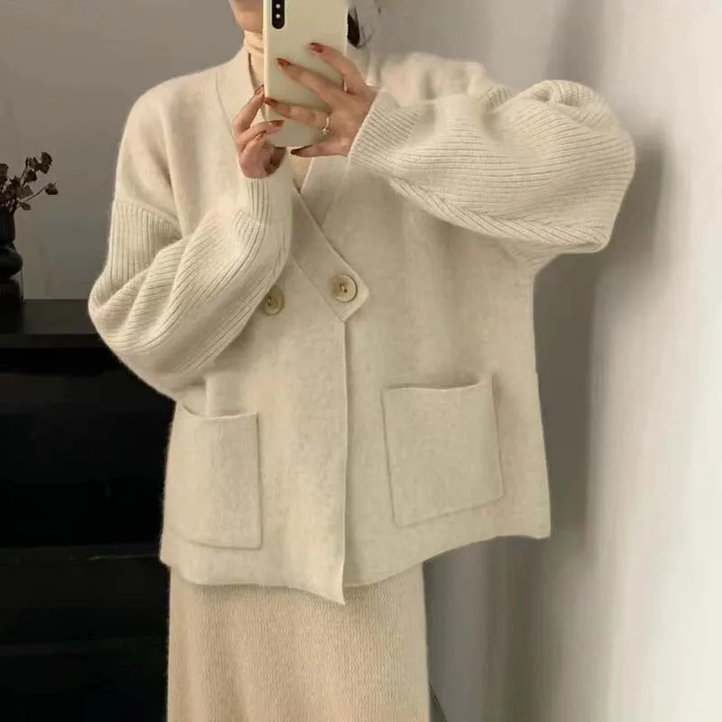 

V-neck Cross Knit Cardigan Women Design Style Loose Foreign Atmosphere Casual Sweater Thick Coat Autumn And Winter Wholesale
