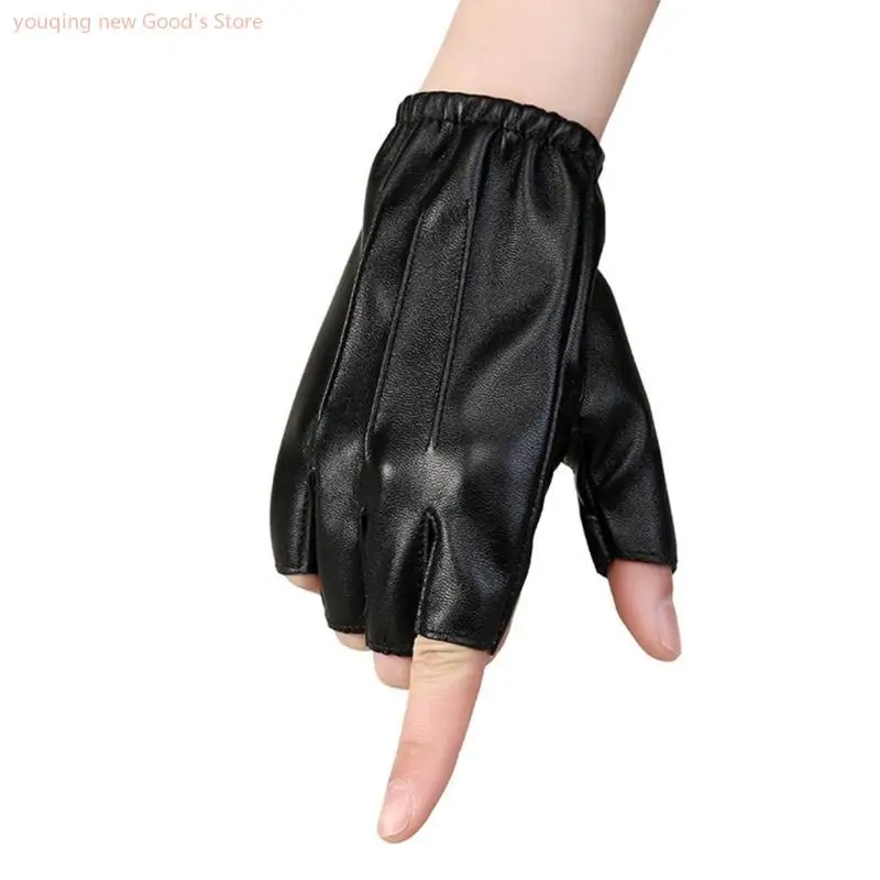49Me fingerlose Fahrhandschuhe PU Faux Leder Freien Sport schwarzer Halbfingerhandschuh Cosplay Fäden für Männer Frauen