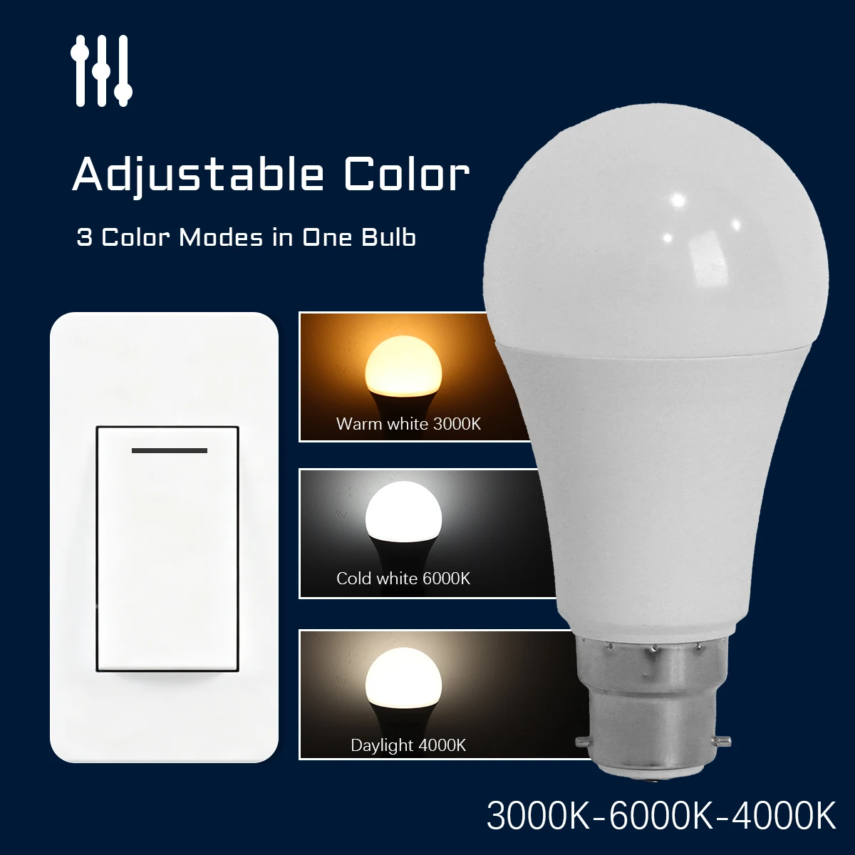 B22 LED Bulb 8W 10W 12W 15W 18W 24W 3CCT Color Change AC100-240V Memory Wall Switch Control Light for Household Indoor Lighting