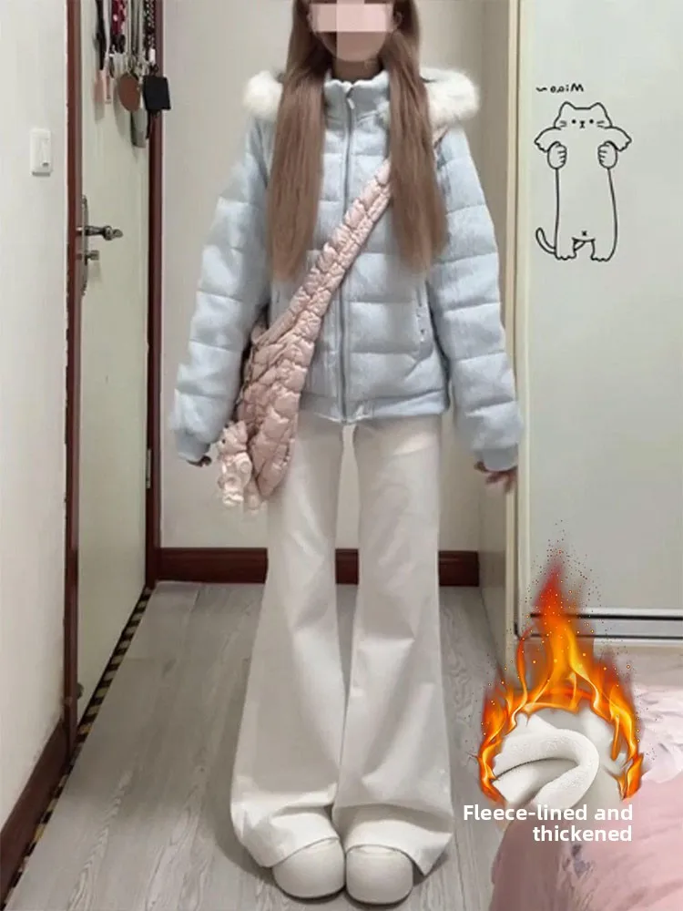 

Расклешенные джинсы с высокой талией, женские осенне-зимние потертые джинсы на подкладке длиной до пола, не облегающие студенческие повседневные прямые брюки