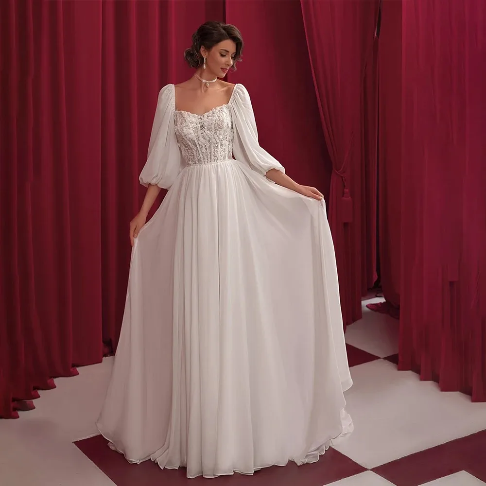 

Off Shoulder Boho Chiffon Appliques Lace Wedding Gown Lace up Back Long Puff Sleeve Bridal Dress with Sweep Train Custom Made