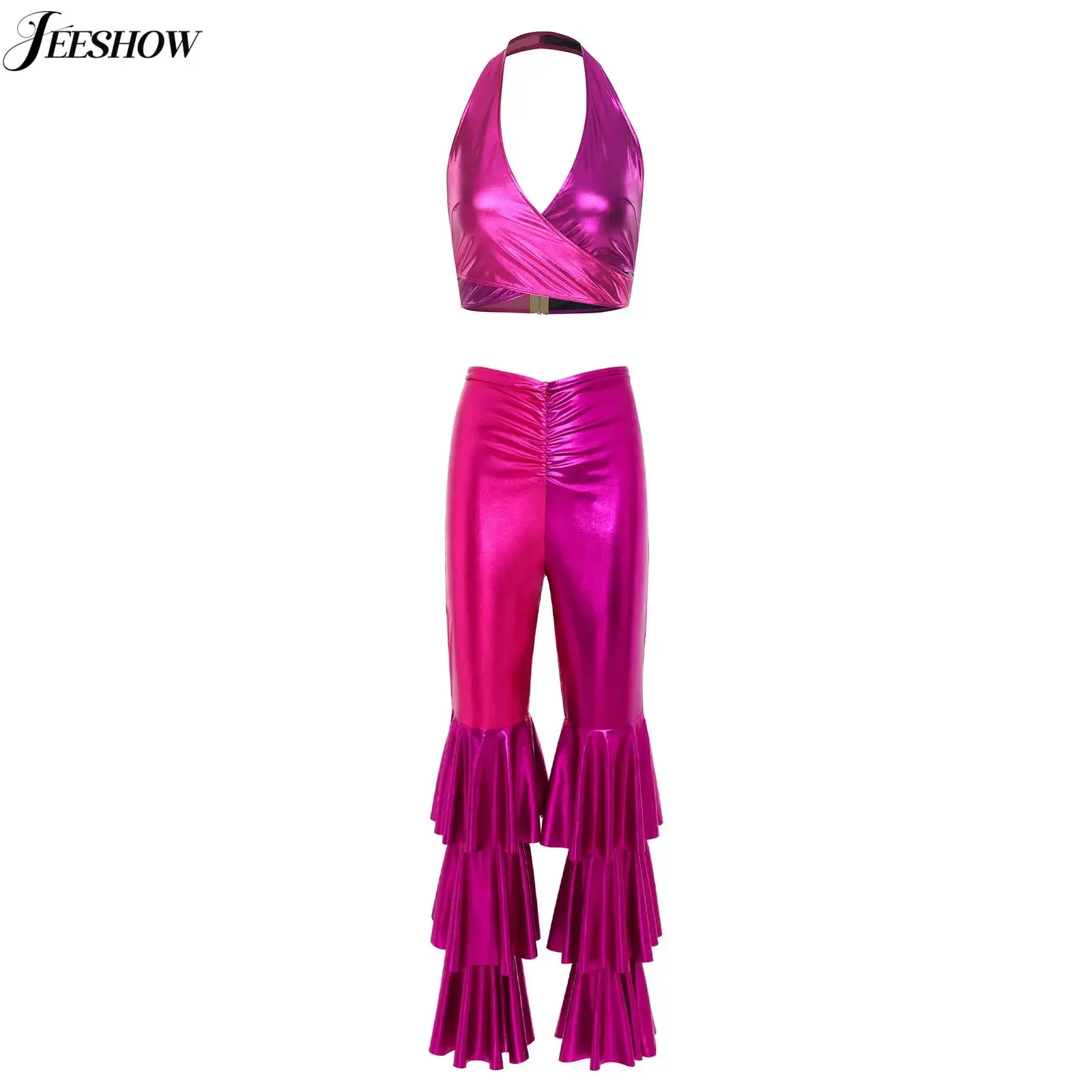 

Womens Shiny Metallic Disco Dance Outfits Contrast Color Wrap V Neck Crop Top with Tiered Flared Pants Hippie Costume Clubwear