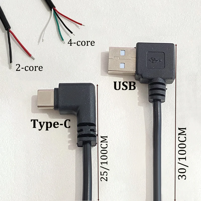 USB 2.0 Type-C L-type Male 2-pin 4-pin Extension Cable DIY Power Data Fast Charging Cable 2-wire 4-core TPC Single Head Cable
