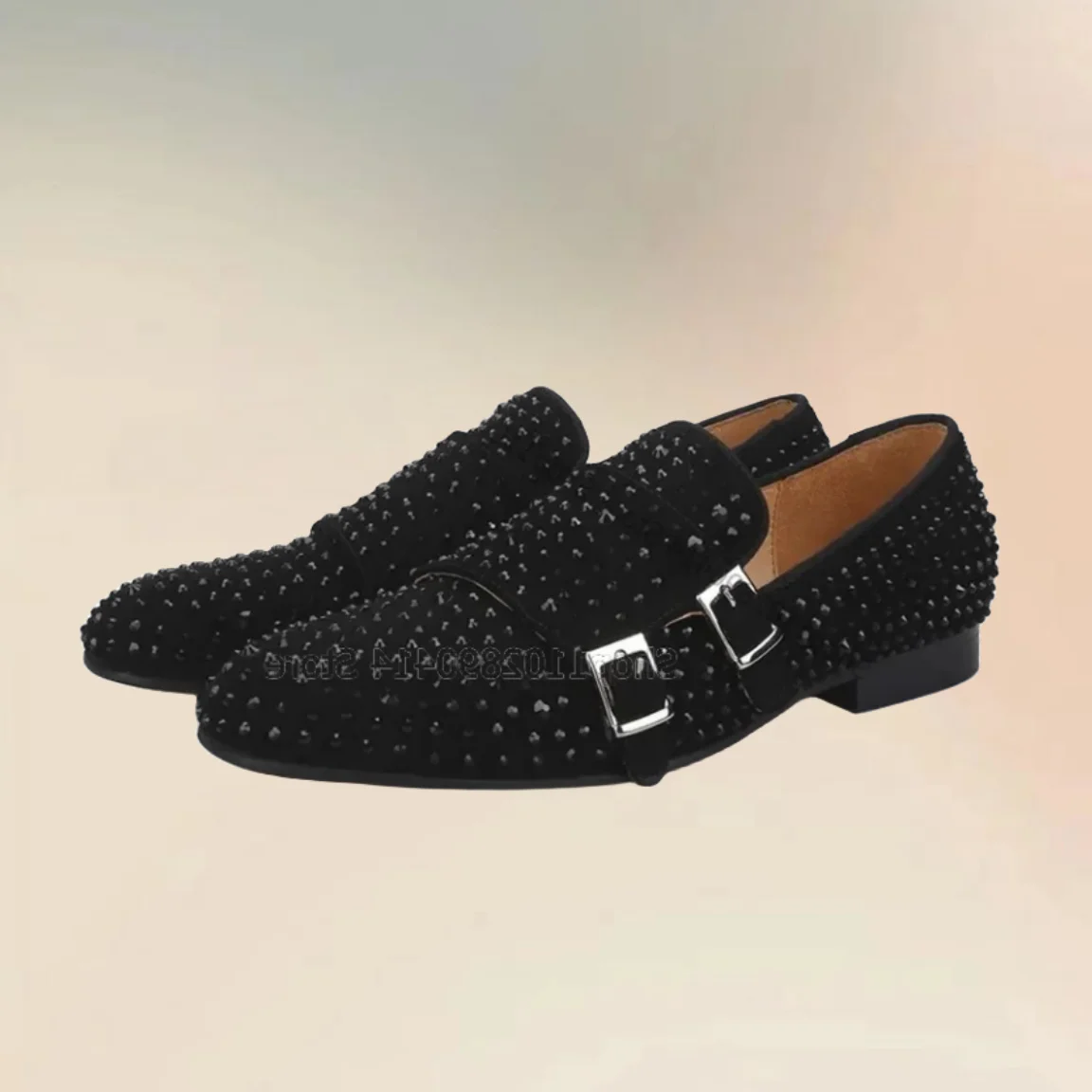 

Silver Buckle Black Rivets Decor Double Monk Loafers Fashion Slip On Men Casual Shoes New Handmade Party Banquet Men Dress Shoes