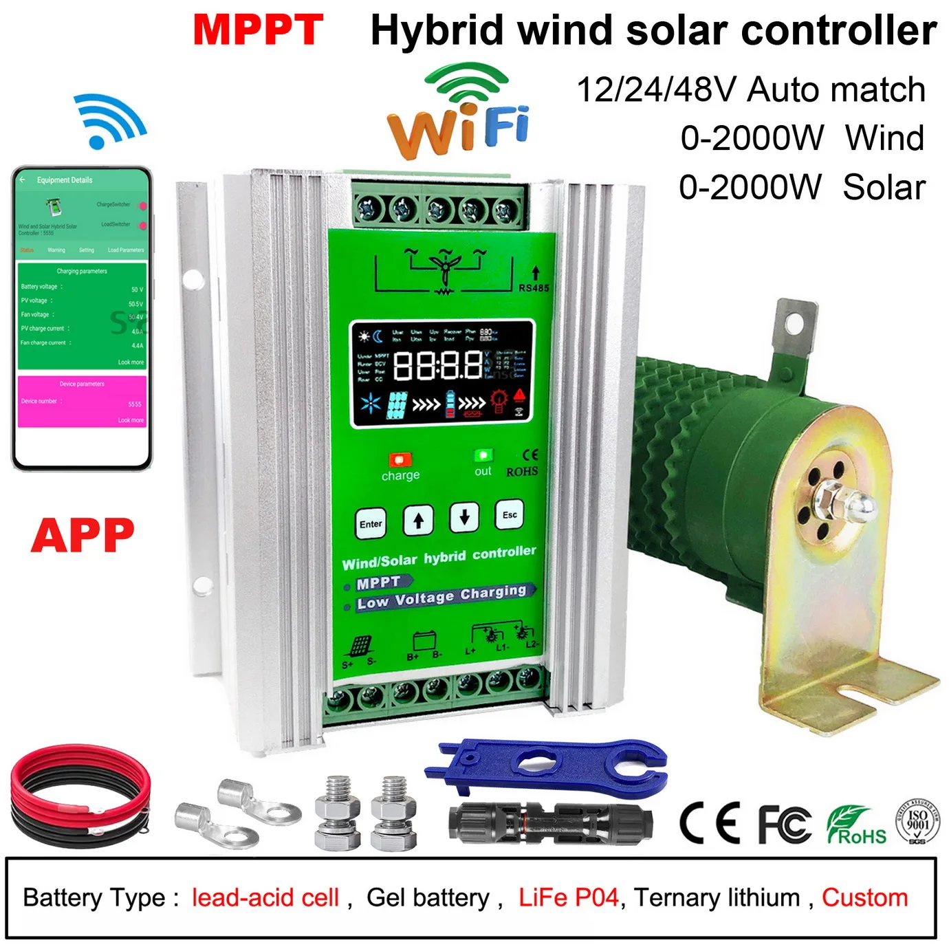 High Efficiency  3000W 12/24/48V Off Grid Intelligent MPPT Wind Solar Hybrid Charge Controller with LCD display and dump load